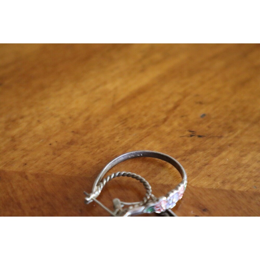 Vintage NV Nevada Silver Mine Sterling 925 Double Hoop Earrings Enamel Flower - Picture 9 of 12
